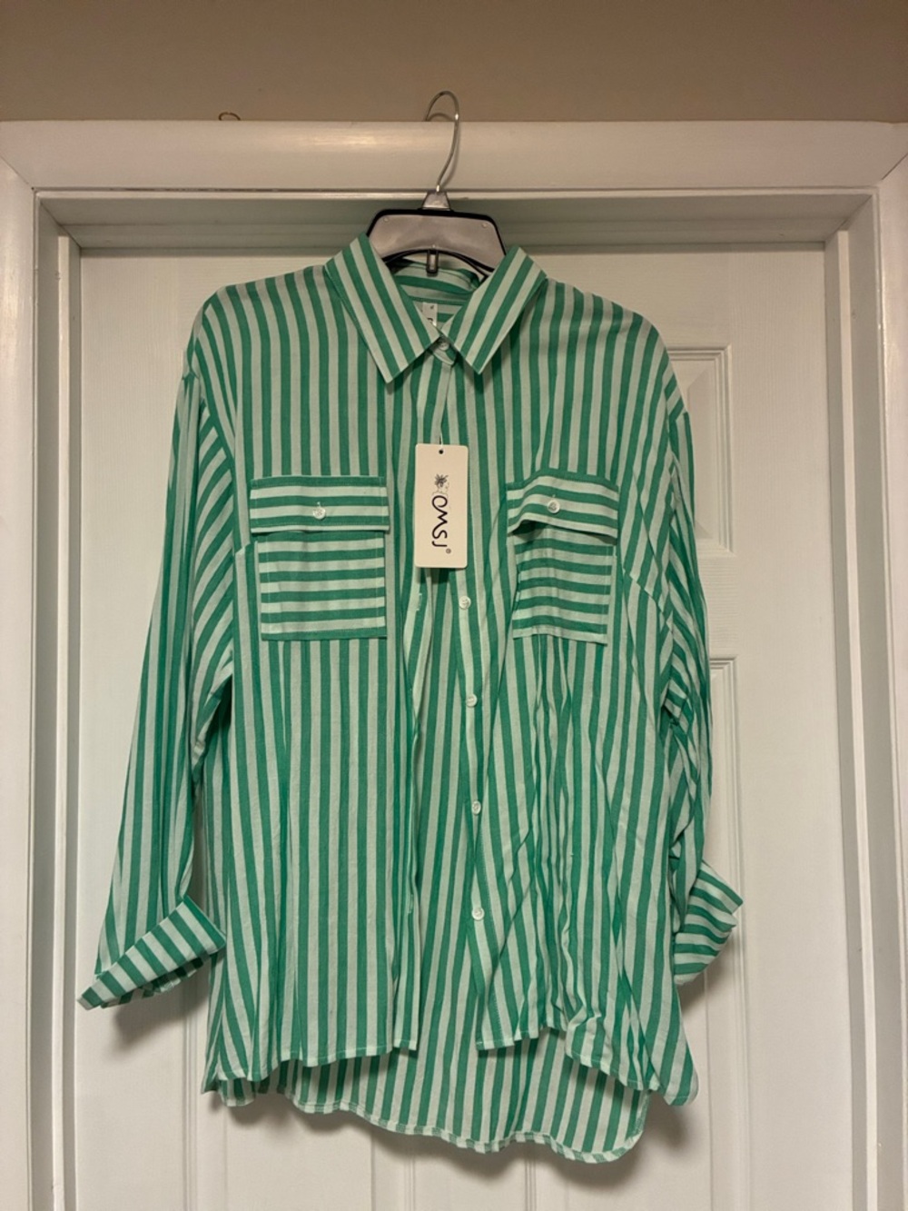 Women’s Oasis Green and White Vertical Stripe Button-Down Shirt